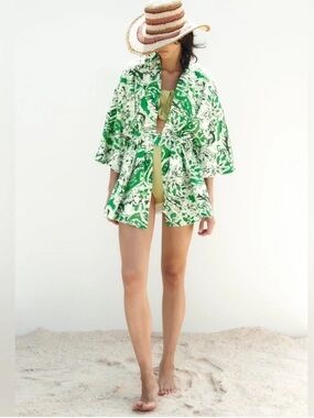 Zara White and Green Printed Linen-Blend Kimono Jacket